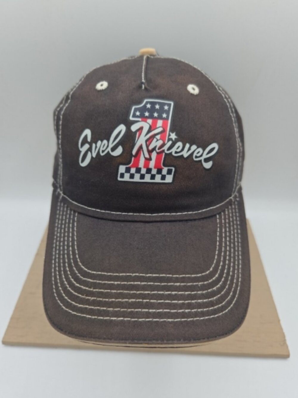 Evel Knievel #1 Snapback Hat Black Tan Adjustable Motorcycle Stunt Cap